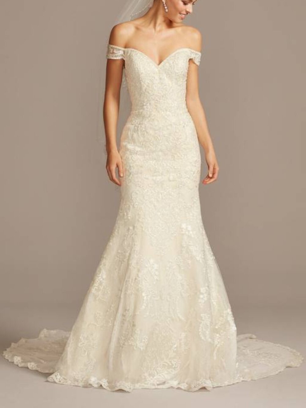 Brand New Oleg Cassini 14010649 Off the Shoulder Beaded Lace Wedding Gown sz 14
